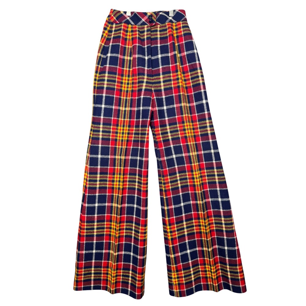 70s Bobbie Brooks Plaid Wide Leg Trousers Navy Red Yellow High Waist Vintage